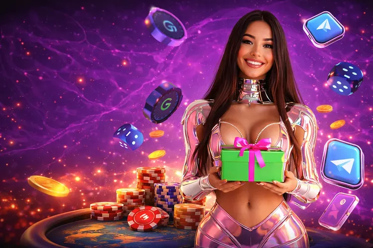 Casino scene with a girl, poker chips, dice, and playing cards